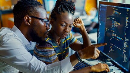 Black man and woman software developers working together writing code in office on computer sitting at desk