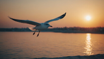 Naklejka premium Flying seagull at sunset. Close up photo.