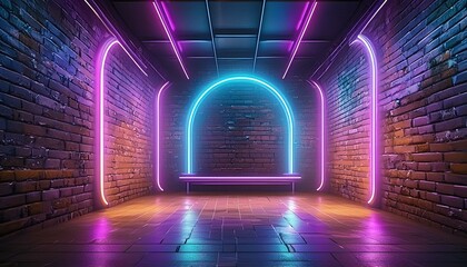Modern futuristic neon lights on old grunge brick wall room background art, background wallpaper stone, wallpapers, photos, background, landscape, Ai Generate  - obrazy, fototapety, plakaty