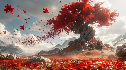 A stunning landscape with a red-leafed tree on a mountainous terrain under a dynamic sky - obrazy, fototapety, plakaty