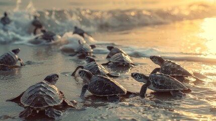 Sea Turtles' Birth, Nature's Metaphor for the Climate Migration Journey, Ideal for Wildlife Conservation - obrazy, fototapety, plakaty