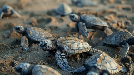 Fototapeta premium Tiny Steps on Sand, Sea Turtle Hatchlings Navigate Climate Challenges, Engaging for Wildlife Films