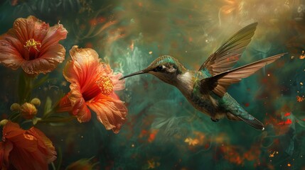 Iridescent hummingbird hovering near vibrant hibiscus flowers in a magical dreamy forest ambiance - obrazy, fototapety, plakaty