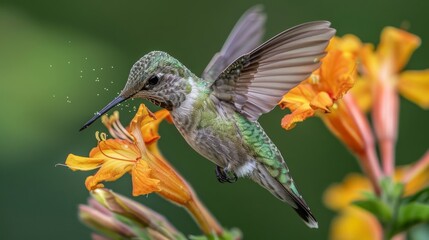 Iridescent hummingbird hovering near vibrant hibiscus flowers in a magical dreamy forest ambiance - obrazy, fototapety, plakaty