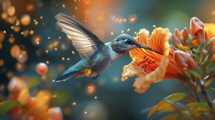 Iridescent hummingbird hovering near vibrant hibiscus flowers in a magical dreamy forest ambiance