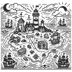 classic pirate treasure map featuring sailing ships, palm trees, and compass roses sketch engraving generative ai raster illustration. Scratch board imitation. Black and white image.