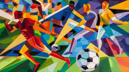 Vibrant urban painting captures soccer players in action on field
