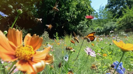Vibrant wildflower meadow with bees and butterflies in sunny daylight - obrazy, fototapety, plakaty