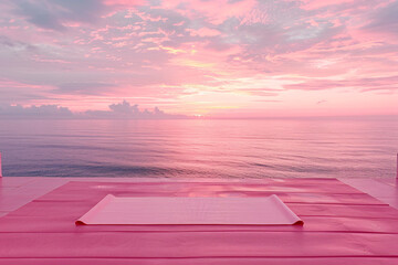 Pink yoga mat on a wooden pier over a serene sea at sunrise