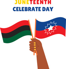 Black hand holding two Juneteenth flags. Independence day nation sign on transparent background