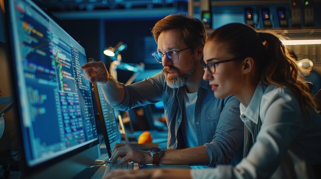 Two web developers man and woman working together in office looking at computer code on monitor