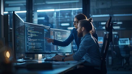 Two software engineers computer programmers working in web design software looking at monitor with code