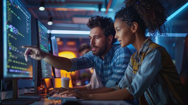 Two software engineers computer programmers working in web design software looking at monitor with code