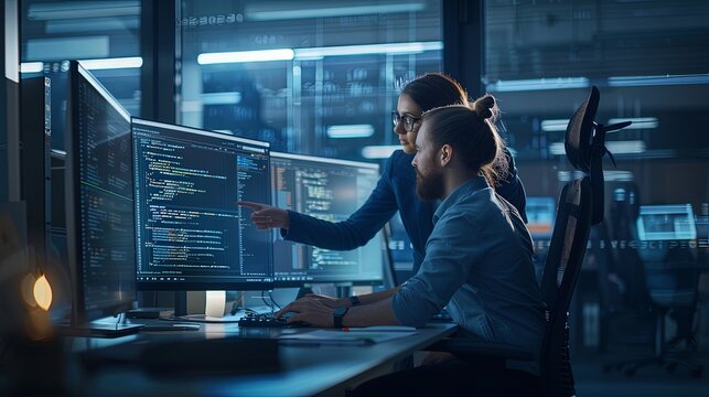 Two software engineers computer programmers working in web design software looking at monitor with code