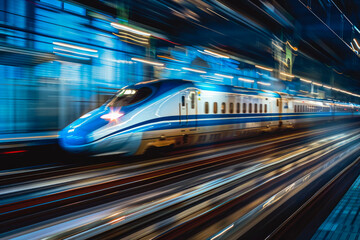 Fototapeta na wymiar Fast train traveling at high speed through a station.