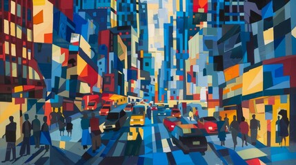 Electric blue tints illuminate the city street at night in a rectangle painting