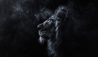 Retrato de león de perfil en blanco y negro.