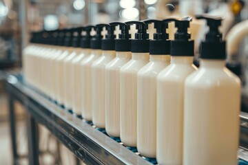 Obraz premium Efficient assembly line for bottled cosmetic products in a standard manufacturing facility