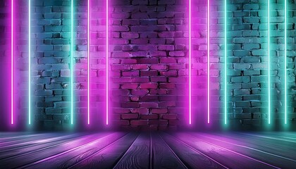 Modern futuristic neon lights on old grunge brick wall room background art, background wallpaper stone, wallpapers, photos, background, landscape, Ai Generate  - obrazy, fototapety, plakaty