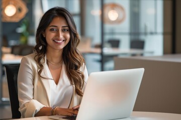 Young female smart Indian IT developer programmer working with laptop in the office