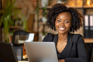 Young smiling african american businesswoman using computer at the office