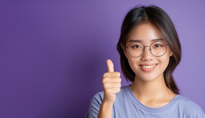 Smiling asian woman showing thumb up while standing isolated over purple background
