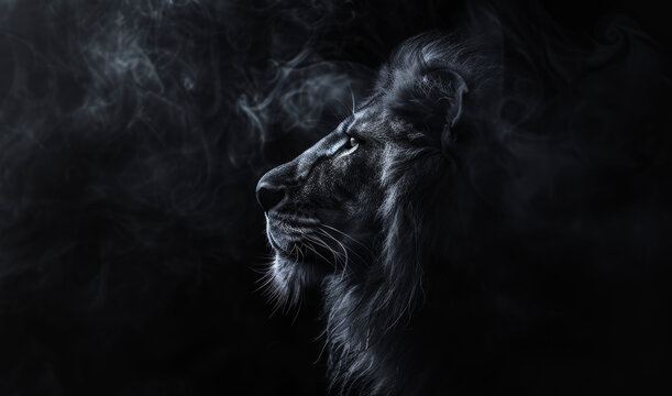 Retrato de león de perfil en blanco y negro.