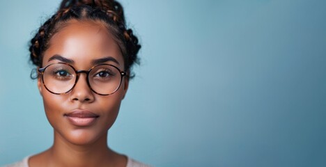 Close up of smiling African American woman wearing glasses and looking at camera, isolated on blue background