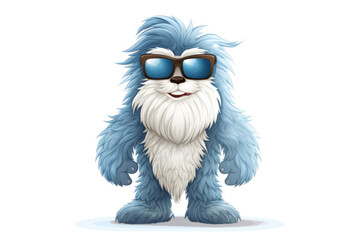 Obraz premium Cartoon smiling yeti or bigfoot hairy character wearing sunglasses on isolated white background. Funny monster toy