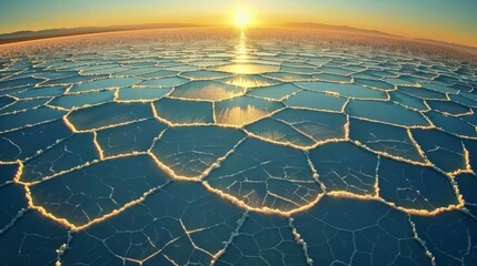 Sunset over expansive salt flats with hexagonal patterns and illuminated edges