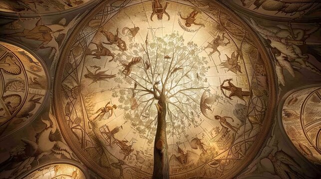 Tree of life concept with cosmic elements and white doves on a mystical background