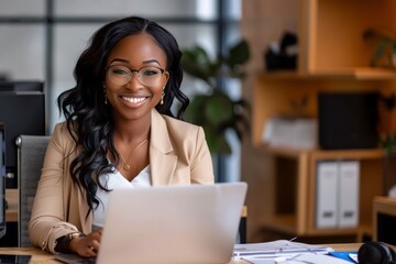Young smiling african american businesswoman using computer at the office