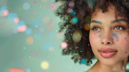 Close up studio portrait of beautiful young black woman with confetti against green background