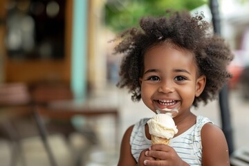 Happy African american little girl smiling happy eating ice cream on holidays