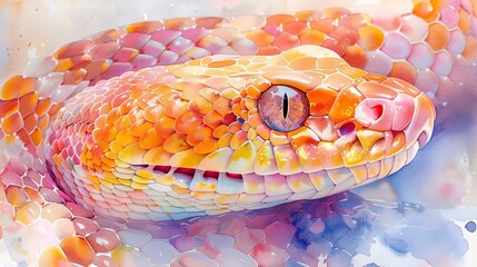 Vibrant watercolor painting of a coiled snake with detailed scales