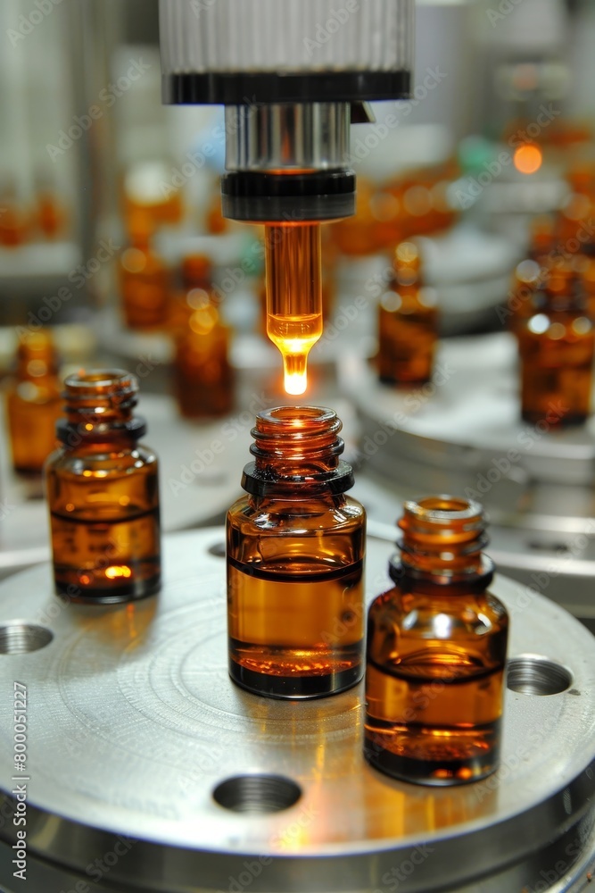 Poster cosmetic bottling line in a typical factory environment for efficient production