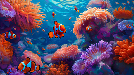 Fototapeta na wymiar beautiful sea ocean with coral, anemones, turtles, clown fish, nemo. Deep blue sea with big whale