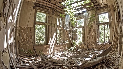 Sepia-toned view of a derelict farmhouse with overgrown vines and crumbling walls - obrazy, fototapety, plakaty