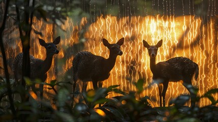 Mystical scene of giraffes wandering through a sunlit forest