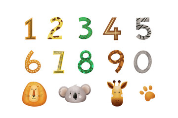 Colorful set of hand drawn numbers and animals for kids