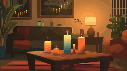 Table with burning candles in living room Vector style