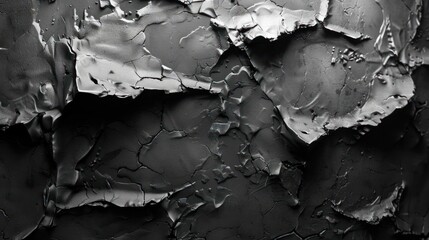 High-contrast monochromatic abstract texture featuring a weathered, metallic appearance with cracks and torn edges.
