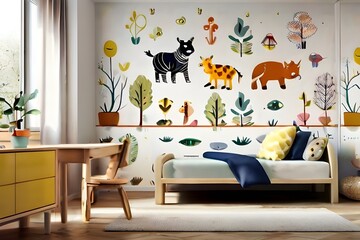 Kids room wallpaper with animals and pastel col.