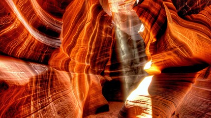 Sunlight streaming through a slot canyon, highlighting the intricate rock formations and vibrant colors - obrazy, fototapety, plakaty
