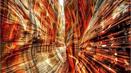 Sunlight streaming through a slot canyon, highlighting the intricate rock formations and vibrant colors - obrazy, fototapety, plakaty