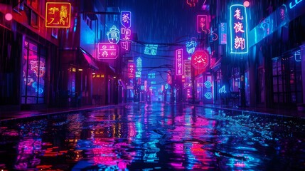 Neon lights dance on water, casting a violet glow on the city street at night