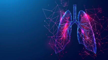 Lungs structured by a light framework of lines and dots, emphasizing the complex network of veins and arteries. Features red polygonal triangles and connected dots, symbolizing medical technologies.