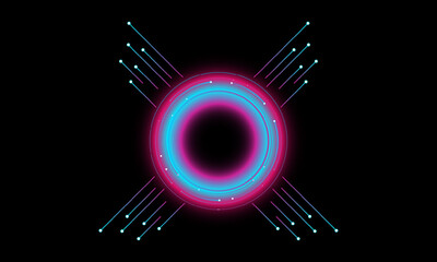 Hi-tech circle with a rectangular shapes on black abstract background.  Futuristic communication and connection concept. cyberspace, and digital innovation