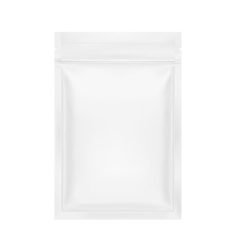 Resealable mylar bag mockup with zip lock and tear notch. Realistic vector illustration isolated on white background. Flat lay view. Packaging for cosmetic, food, pet. Ready for your design. EPS10.