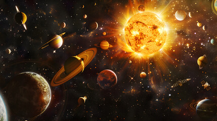 A detailed artistic representation of the solar system complete with planets, the sun, asteroid belt, and human spacecraft
